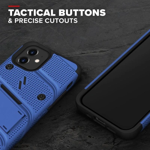 Pancerne etui Zizo Bolt Cover Apple iPhone 12 mini ze szkłem 9H na ekran + podstawka & uchwyt do paska (niebieski/czarny)