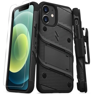 Hurtownia GSM - Pancerne etui Zizo Bolt Cover Apple iPhone 12 mini ze szkłem 9H na ekran + podstawka & uchwyt do paska (czarny) - ZIZ051BLK - {ean13} - Hurt