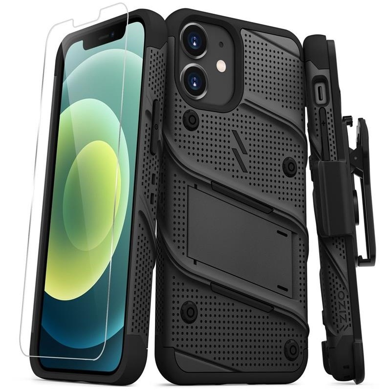 Zizo Distributor - 888488329703 - ZIZ051BLK - Zizo Bolt Cover - Case for iPhone 12 Mini with Military Grade + Glass Screen Protector & Kickstand and Holster (Black) - B2B homescreen