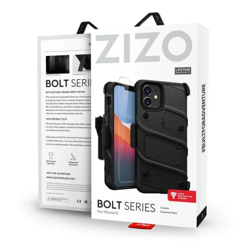 Pancerne etui Zizo Bolt Cover Apple iPhone 12 mini ze szkłem 9H na ekran + podstawka & uchwyt do paska (czarny)