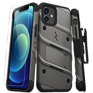 Hurtownia GSM - Pancerne etui Zizo Bolt Cover Apple iPhone 12/12 Pro ze szkłem 9H na ekran + podstawka & uchwyt do paska (szary) - ZIZ052GRY - {ean13} - Hurt