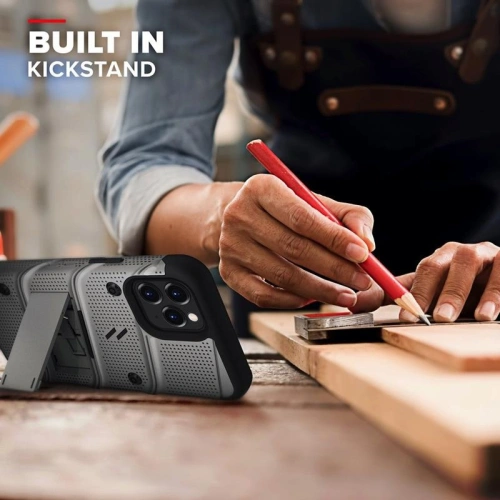 Pancerne etui Zizo Bolt Cover Apple iPhone 12/12 Pro ze szkłem 9H na ekran + podstawka & uchwyt do paska (szary)