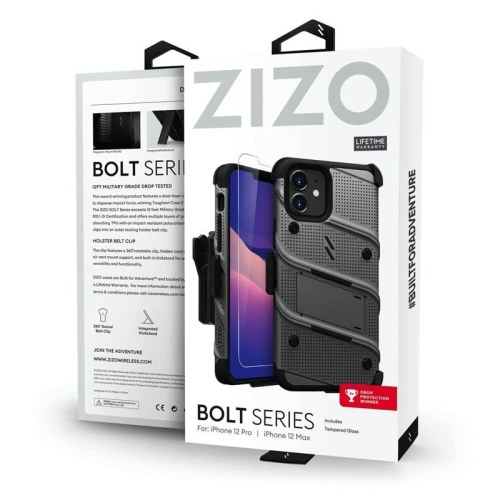 Pancerne etui Zizo Bolt Cover Apple iPhone 12/12 Pro ze szkłem 9H na ekran + podstawka & uchwyt do paska (szary)