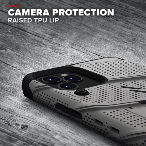 Pancerne etui Zizo Bolt Cover Apple iPhone 12/12 Pro ze szkłem 9H na ekran + podstawka & uchwyt do paska (szary)