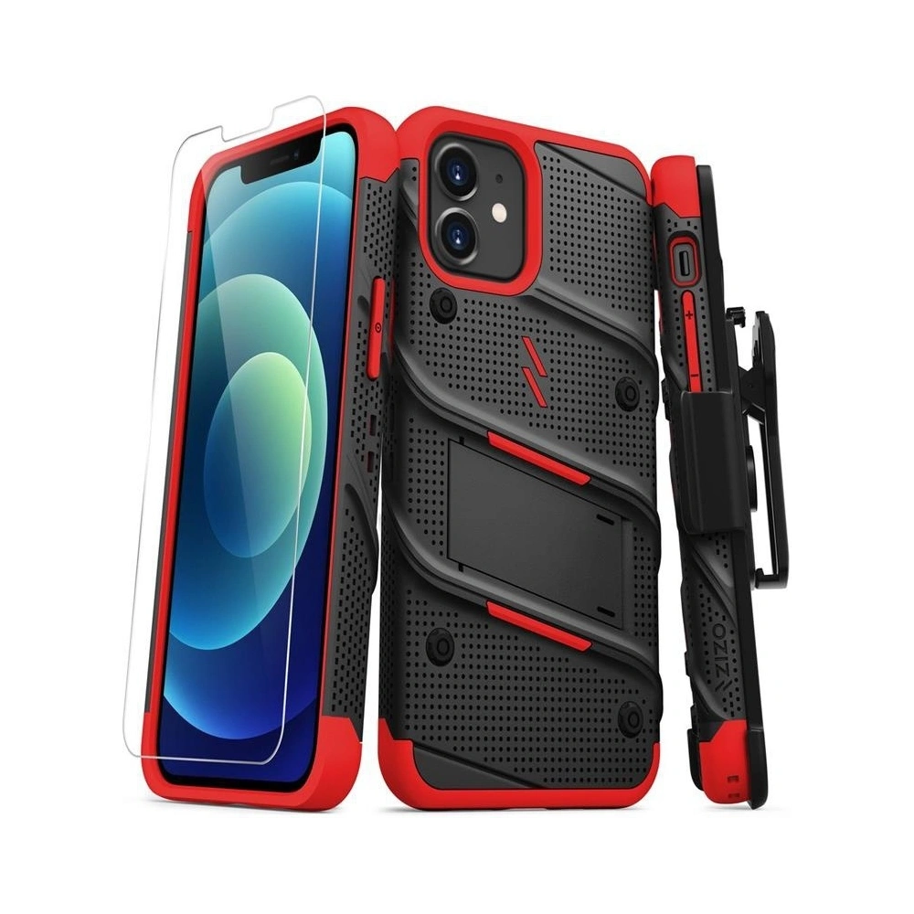 Wholesale Zizo Bolt Cover - Case for iPhone 12 / iPhone 12 Pro with Military Grade + Glass Screen Protector & Kickstand and Holster (Black - ZIZ053BLKRED - {ean13} - Hurt