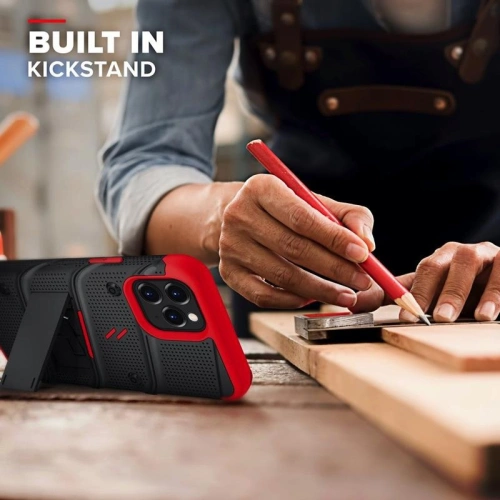 Pancerne etui Zizo Bolt Cover Apple iPhone 12/12 Pro ze szkłem 9H na ekran + podstawka & uchwyt do paska (czarny/czerowny)