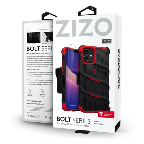 Pancerne etui Zizo Bolt Cover Apple iPhone 12/12 Pro ze szkłem 9H na ekran + podstawka & uchwyt do paska (czarny/czerowny)