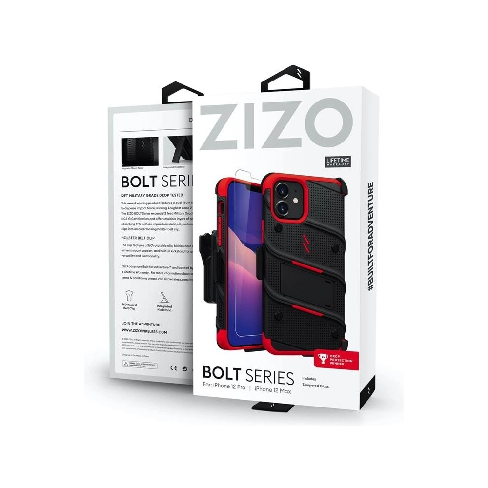 Wholesale Zizo Bolt Cover - Case for iPhone 12 / iPhone 12 Pro with Military Grade + Glass Screen Protector & Kickstand and Holster (Black - ZIZ053BLKRED - {ean13} - Hurt