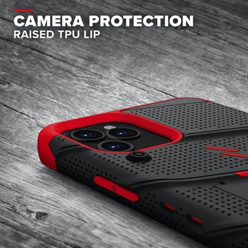 Pancerne etui Zizo Bolt Cover Apple iPhone 12/12 Pro ze szkłem 9H na ekran + podstawka & uchwyt do paska (czarny/czerowny)