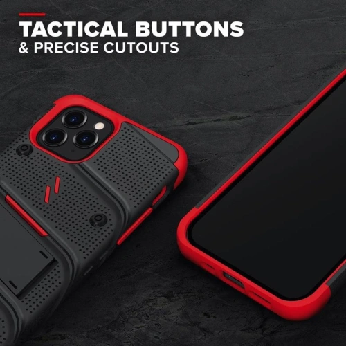 Pancerne etui Zizo Bolt Cover Apple iPhone 12/12 Pro ze szkłem 9H na ekran + podstawka & uchwyt do paska (czarny/czerowny)