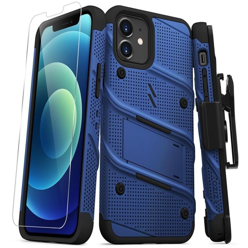 Zizo Distributor - 888488330020 - ZIZ054BLUBLK - Zizo Bolt Cover - Case for iPhone 12 / iPhone 12 Pro with Military Grade + Glass Screen Protector & Kickstand and Holster (Blue/ - B2B homescreen