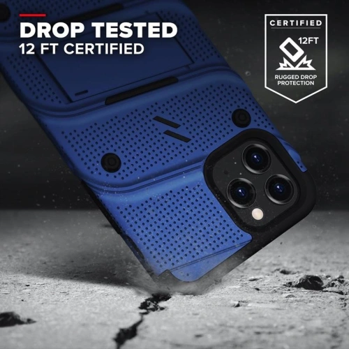 Pancerne etui Zizo Bolt Cover Apple iPhone 12/12 Pro ze szkłem 9H na ekran + podstawka & uchwyt do paska (niebieski/czarny)