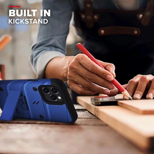 Pancerne etui Zizo Bolt Cover Apple iPhone 12/12 Pro ze szkłem 9H na ekran + podstawka & uchwyt do paska (niebieski/czarny)