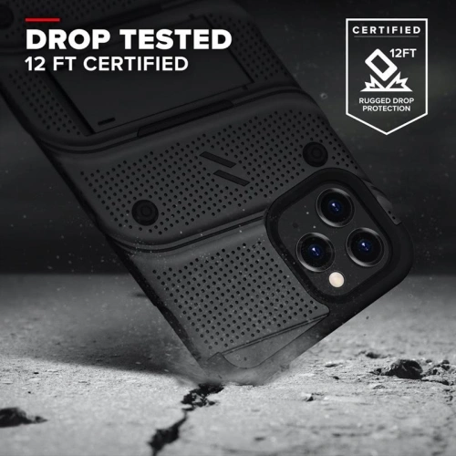 Pancerne etui Zizo Bolt Cover Apple iPhone 12/12 Pro ze szkłem 9H na ekran + podstawka & uchwyt do paska (czarny)