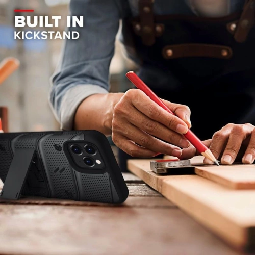 Pancerne etui Zizo Bolt Cover Apple iPhone 12/12 Pro ze szkłem 9H na ekran + podstawka & uchwyt do paska (czarny)