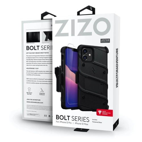 Pancerne etui Zizo Bolt Cover Apple iPhone 12/12 Pro ze szkłem 9H na ekran + podstawka & uchwyt do paska (czarny)