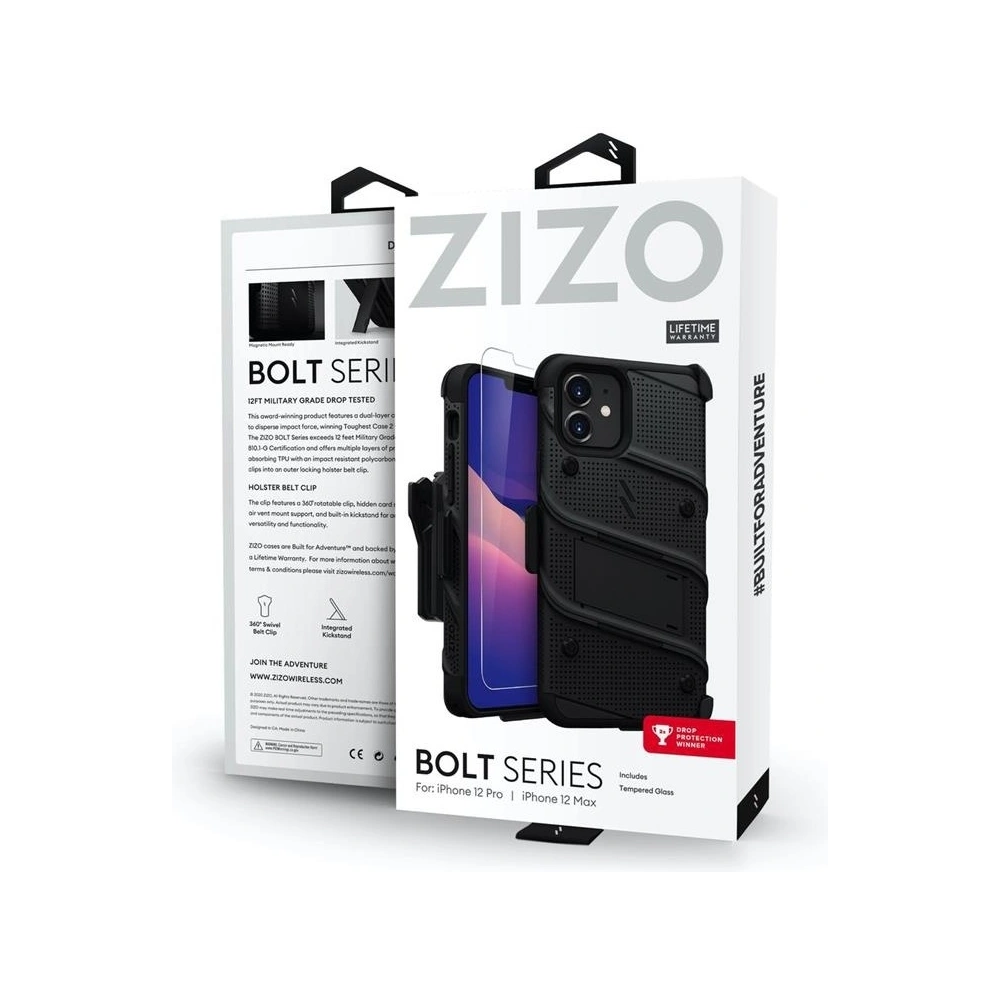 Wholesale Zizo Bolt Cover - Case for iPhone 12 / iPhone 12 Pro with Military Grade + Glass Screen Protector & Kickstand and Holster (Black - ZIZ055BLK - {ean13} - Hurt