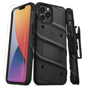 Hurtownia GSM - Pancerne etui Zizo Bolt Cover Apple iPhone 12 Pro Max ze szkłem 9H na ekran + podstawka & uchwyt do paska (czarny) - ZIZ056BLK - {ean13} - Hurt