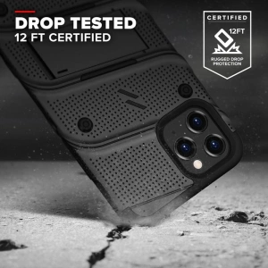 Hurtownia GSM - Pancerne etui Zizo Bolt Cover Apple iPhone 12 Pro Max ze szkłem 9H na ekran + podstawka & uchwyt do paska (czarny) - ZIZ056BLK - {ean13} - Hurt