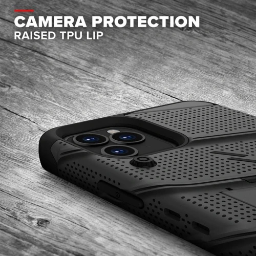 Pancerne etui Zizo Bolt Cover Apple iPhone 12 Pro Max ze szkłem 9H na ekran + podstawka & uchwyt do paska (czarny)