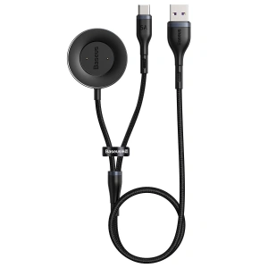 Baseus Cafule Series One-for-two Data Cable USB to C+ Watch Charging Dock for Huawei Mobile Phone & Watch 1.5m Gray+Black