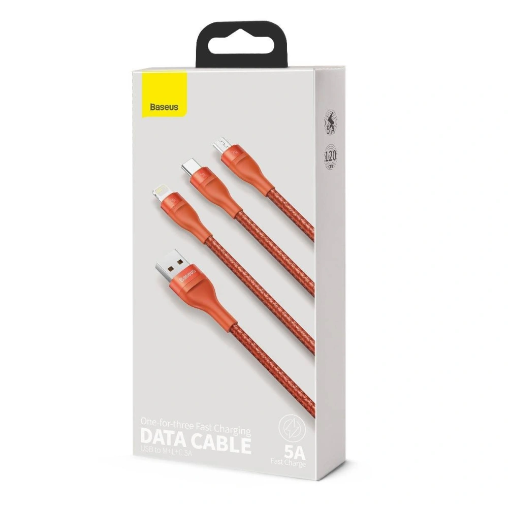 Hurtownia GSM - Kabel USB 3w1 Baseus Flash Series, USB-C + micro USB + Lightning, 40W, 5A, 1.2m (pomarańczowy) - BSU1896ORG - {ean13} - Hurt