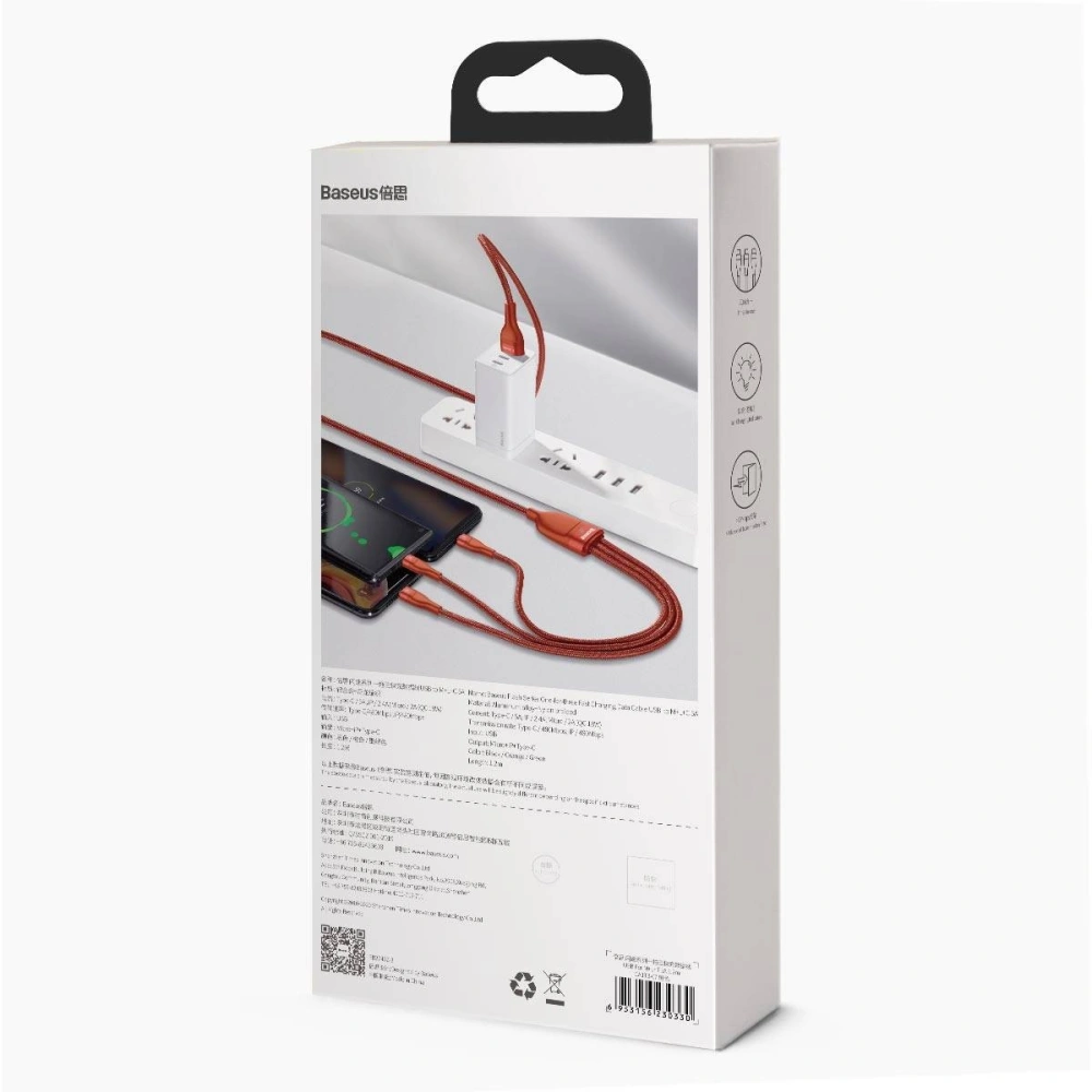 Hurtownia GSM - Kabel USB 3w1 Baseus Flash Series, USB-C + micro USB + Lightning, 40W, 5A, 1.2m (pomarańczowy) - BSU1896ORG - {ean13} - Hurt
