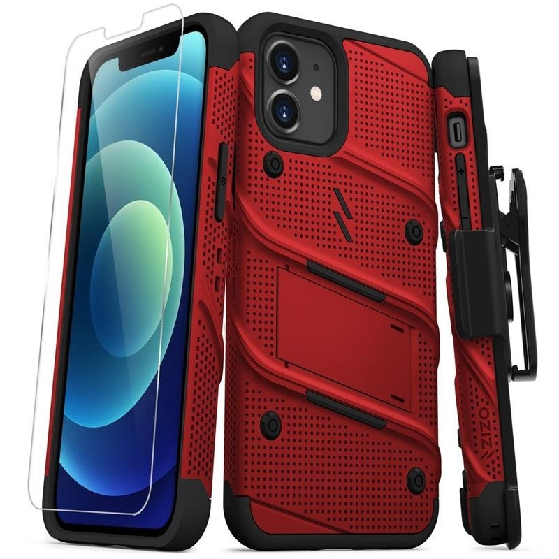 Zizo Distributor - 888488330006 - ZIZ057REDBLK - Zizo Bolt Cover - Case for iPhone 12 / iPhone 12 Pro with Military Grade + Glass Screen Protector & Kickstand and Holster (Red/B - B2B homescreen