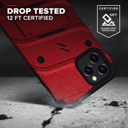 Pancerne etui Zizo Bolt Cover Apple iPhone 12/12 Pro ze szkłem 9H na ekran + podstawka & uchwyt do paska (czerwony/czarny)