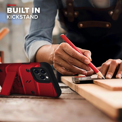 Pancerne etui Zizo Bolt Cover Apple iPhone 12/12 Pro ze szkłem 9H na ekran + podstawka & uchwyt do paska (czerwony/czarny)