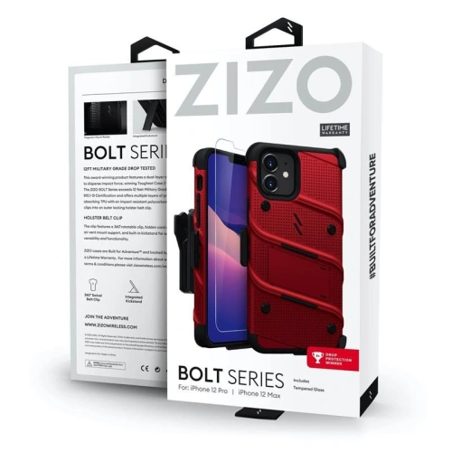 Pancerne etui Zizo Bolt Cover Apple iPhone 12/12 Pro ze szkłem 9H na ekran + podstawka & uchwyt do paska (czerwony/czarny)