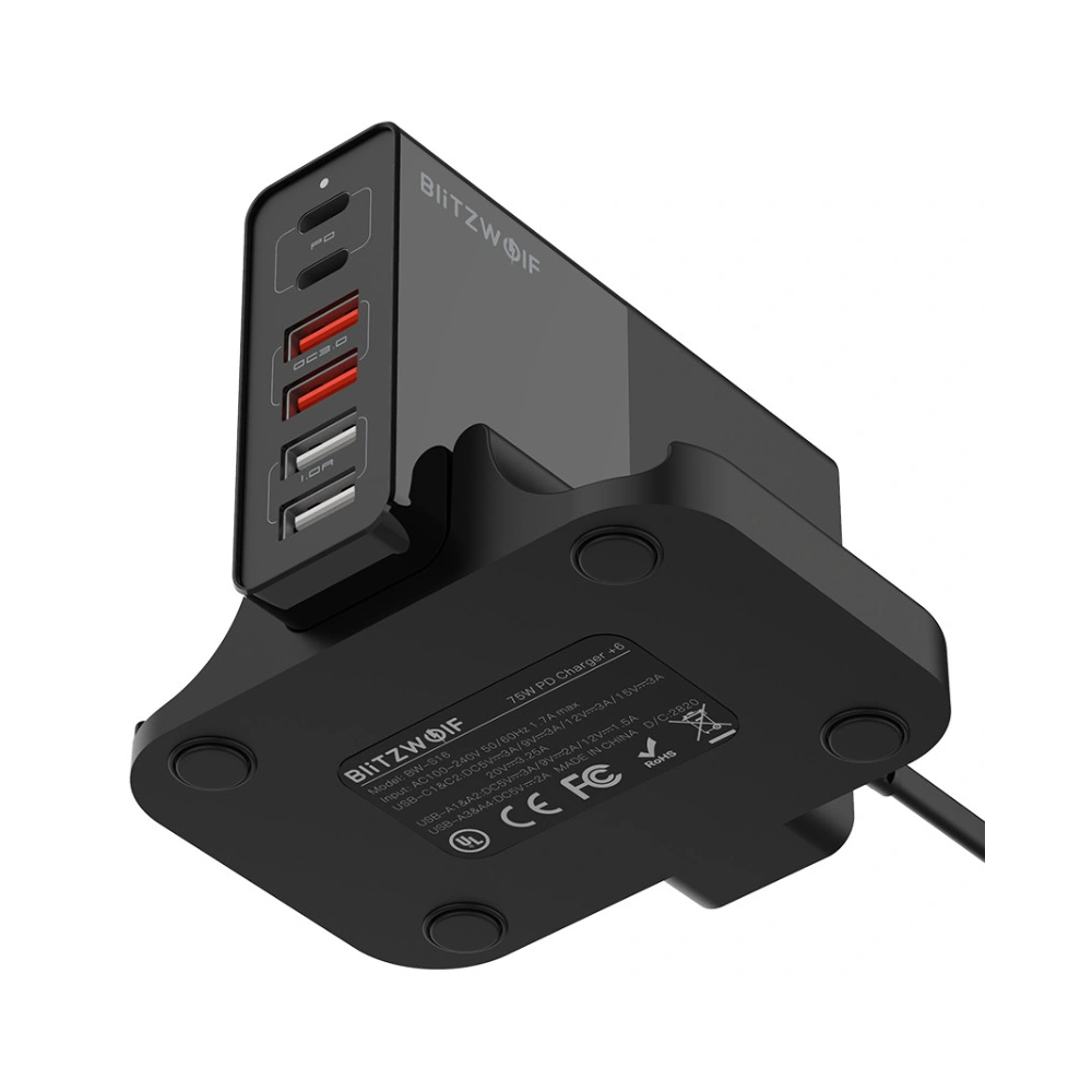 Hurtownia GSM - Ładowarka 6x USB Blitzwolf BW-S16, QC 3.0, PD3.0, 75W (Czarny) - BLZ306 - {ean13} - Hurt