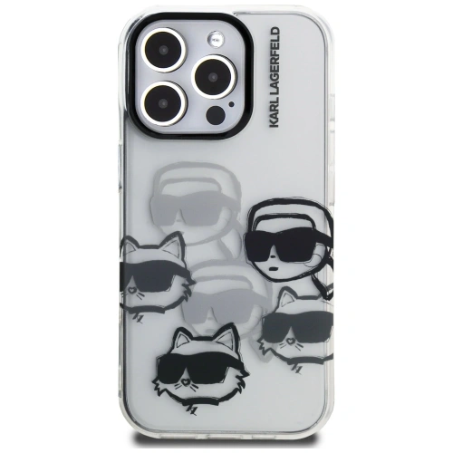 Zbliżenie na etui Karl Lagerfeld, ukazujące wzór głowy i staranne wykończenie.