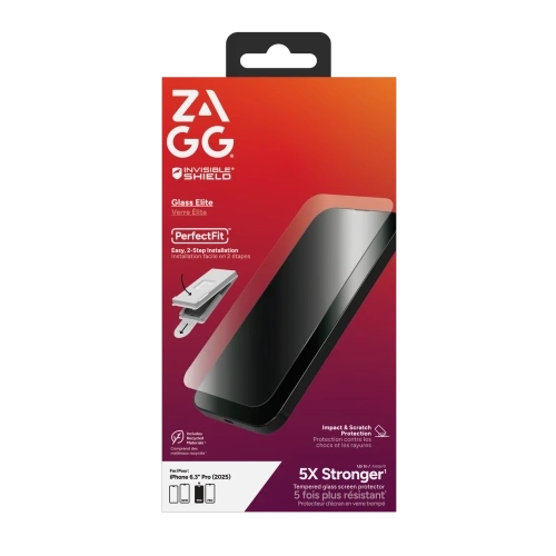 Szkło hartowane ZAGG Invisibleshield Glass Elite do iPhone 17 Pro z ramką montażową, zapewniające ochronę przed zarysowaniami.