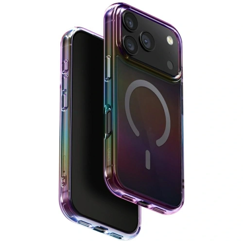 Etui UNIQ Iridescia do iPhone 17 Pro w kolorze midnight quartz, zbliżenie na opalizujący materiał.