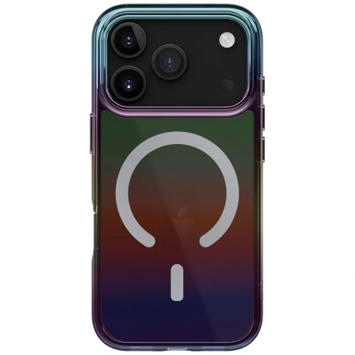Etui UNIQ Iridescia na iPhone 17 Pro, pokazujące funkcję MagSafe w akcji.