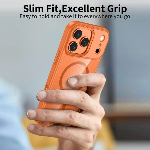 Etui w kolorze pomarańczowym zamontowane na iPhone 17 Pro, prezentujące nowoczesny design.