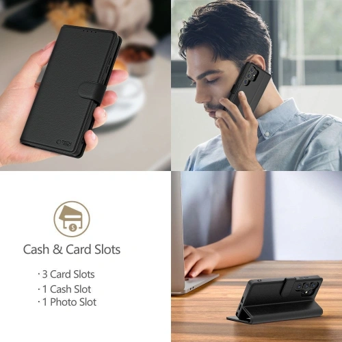 Funkcjonalność etui z klapką Tech-Protect Wallet, otwarte i zamknięte.