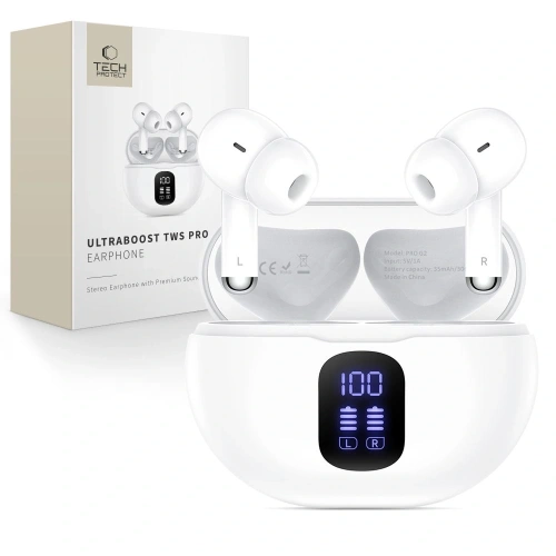 Słuchawki bezprzewodowe Tech-Protect UltraBoost TWS Earphone Pro G2 w kolorze białym na jasnym tle