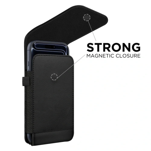 Stylowe etui w czarnym kolorze, otwarte, ukazujące wnętrze przeznaczone na telefon.