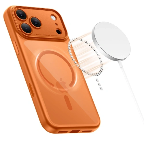 Etui Tech-Protect Magpeak zamontowane na Apple iPhone 17 Pro Max w kolorze pomarańczowym.
