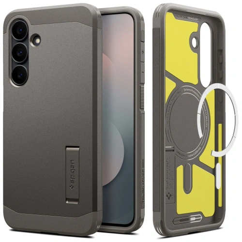 Zbliżenie na hybrydowy materiał etui Spigen Tough Armor MagSafe