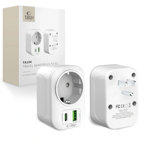 Adapter Tech-Protect TA100 w kolorze białym, idealny do podróży między USA a Europą.
