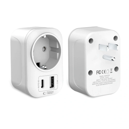Zbliżenie na adapter Tech-Protect TA100, pokazujące porty USB i europejskie gniazdo.