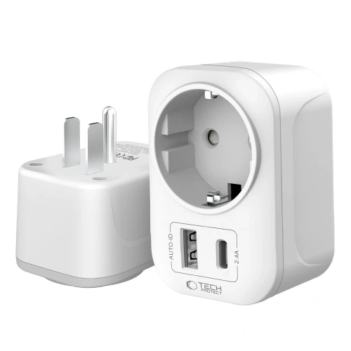 Biały adapter Tech-Protect TA100 w użyciu, podłączony do gniazdka w hotelu.