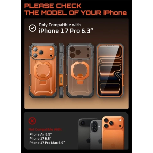 Etui Supcase w wersji Clear/coral, zamontowane na Apple iPhone 17 Pro, prezentujące jego stylowy wygląd.