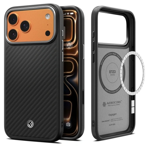 Etui Spigen Enzo Aramid T Mag MagSafe w kolorze czarnym, idealne do iPhone 17 Pro Max.