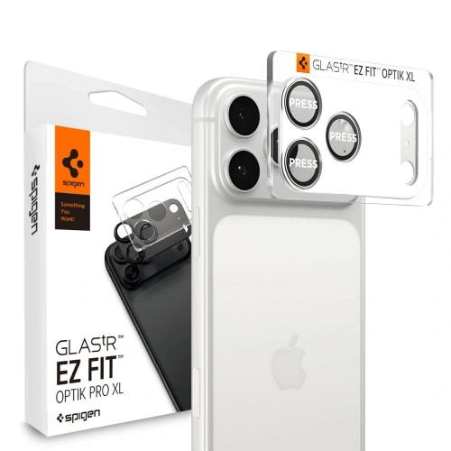 Osłona aparatu Spigen Optik Pro XL na iPhone 17 Pro w kolorze srebrnym, z bliska.