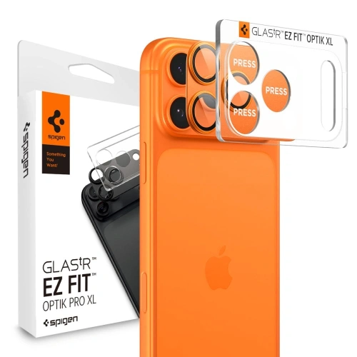 Osłona aparatu Spigen Optik Pro XL w kolorze pomarańczowym, idealnie dopasowana do iPhone 17 Pro.